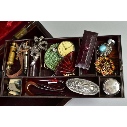 154 - A GENTLEMANS TRAVEL BOX AND ITEMS, wooden box length 330mm, to include boot hooks, scissors, glass b... 