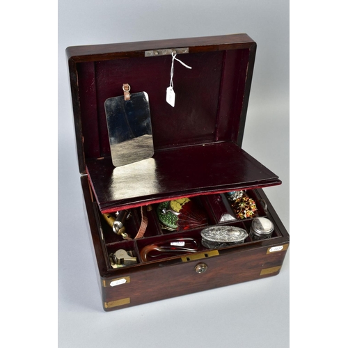 154 - A GENTLEMANS TRAVEL BOX AND ITEMS, wooden box length 330mm, to include boot hooks, scissors, glass b... 