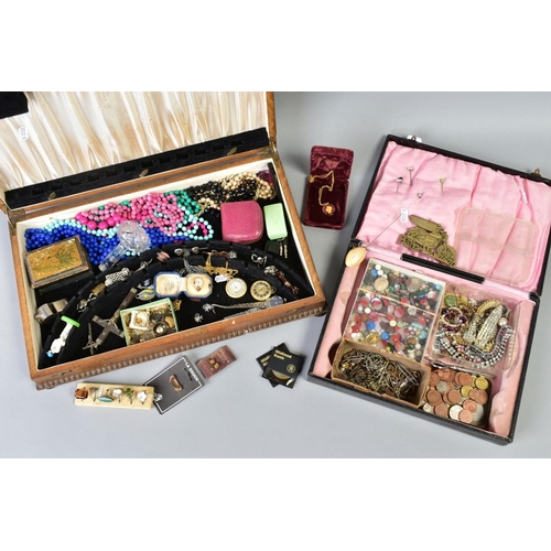 156 - A SELECTION OF ITEMS, to include a black hinged box with items such as plastic beads, brooches, ring... 