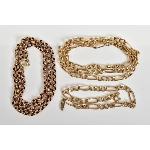 16 - TWO CHAINS AND A BRACELET, the first chain of figaro design and spring clasp, length 460mm, with a 9... 