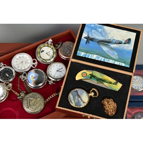 160 - A SELECTION OF POCKET WATCHES, to include six boxed quartz movement watches, a wooden storage displa... 