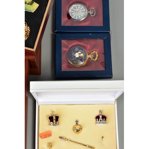 160 - A SELECTION OF POCKET WATCHES, to include six boxed quartz movement watches, a wooden storage displa... 