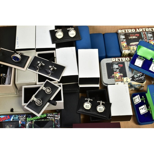 162 - TWO LARGE BOXES CONTAINING A LARGE SELECTION OF CUFFLINKS AND OTHER ITEMS, to include five retro, si... 