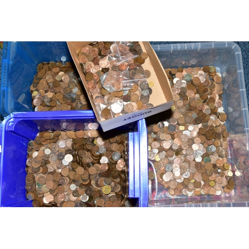 163 - FOUR CONTAINERS OF MAINLY UK 20TH CENTURY COPPER COINS, some uncirculated, heavy