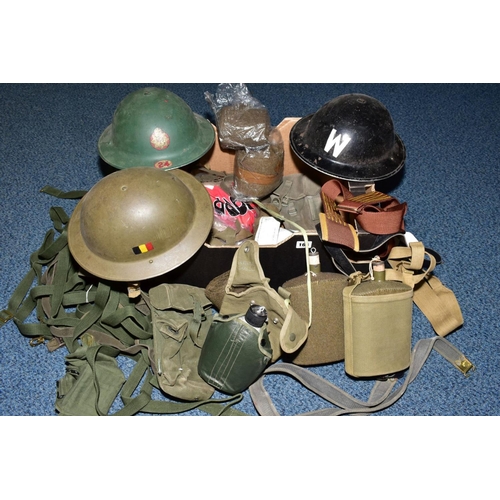 165 - A BOX CONTAINING VARIOUS MILITARY ITEMS AS FOLLOWS, three steel helmets (Air Raid Warden Black, Nati... 