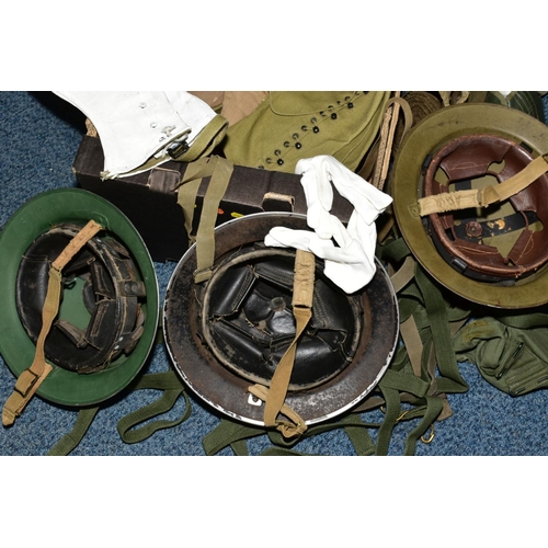 165 - A BOX CONTAINING VARIOUS MILITARY ITEMS AS FOLLOWS, three steel helmets (Air Raid Warden Black, Nati... 