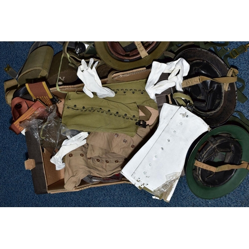 165 - A BOX CONTAINING VARIOUS MILITARY ITEMS AS FOLLOWS, three steel helmets (Air Raid Warden Black, Nati... 