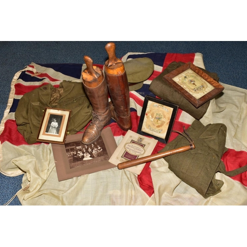 167 - A BOX CONTAINING VARIOUS BRITISH WWWI/II ITEMS including jacket and trousers, WWI uniform jacket, a ... 