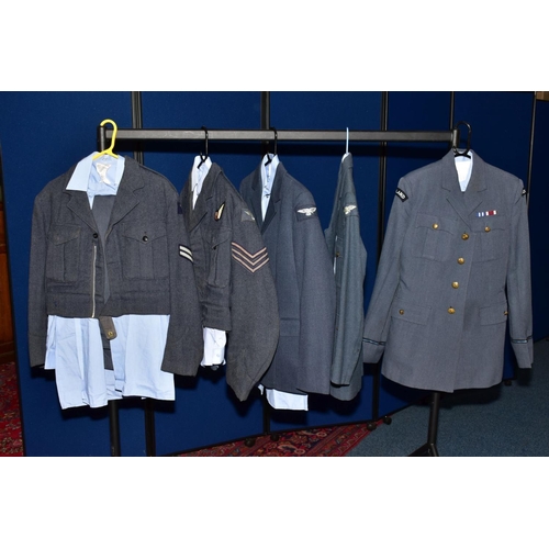 169 - FIVE R.A.F. UNIFORM JACKETS, SHIRTS AND TROUSERS believed WWII and post WWII era, two short jackets,... 