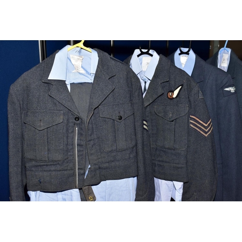 169 - FIVE R.A.F. UNIFORM JACKETS, SHIRTS AND TROUSERS believed WWII and post WWII era, two short jackets,... 