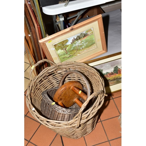 177 - A BOX AND LOOSE SUNDRY ITEMS, PICTURES ETC, to include wicker baskets, milking stool, amateur waterc... 