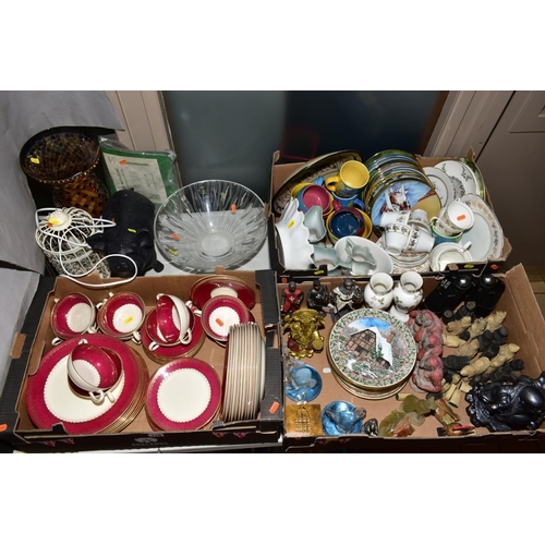 178 - THREE BOXES AND LOOSE CERAMICS, GLASS, SUNDRIES ETC, to include Stuart Crystal bowl, George Jones & ... 