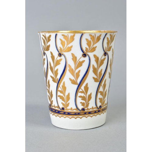 181 - A LATE 18TH CENTURY WORCESTER PORCELAIN BEAKER OF CONICAL FORM, decorated with vertical bands of fol... 