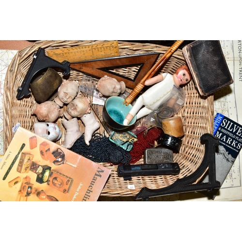 183 - TWO TRAYS OF COLLECTABLE ITEMS, to include magnifying glass, fan, small ceramic dolls heads (S.F.B.J... 