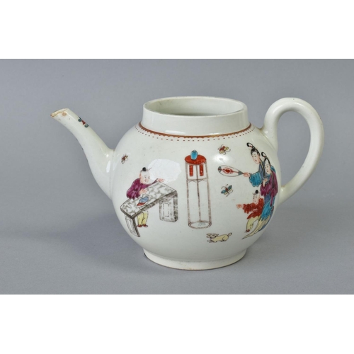 191 - AN EARLY WORCESTER PORCELAIN TEA POT OF GLOBULAR SHAPE, circa 1775, the polychrome enamel decoration... 