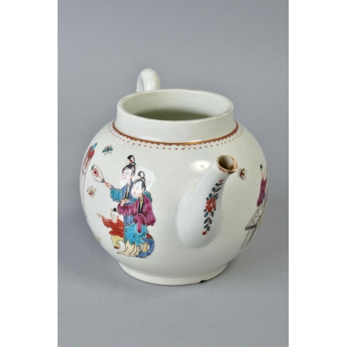 191 - AN EARLY WORCESTER PORCELAIN TEA POT OF GLOBULAR SHAPE, circa 1775, the polychrome enamel decoration... 