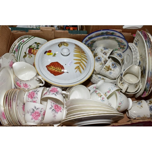 196 - THREE BOXES OF CERAMICS AND GLASS, to include Clarice Cliff bowl and crowns vase (both sd), Kevin Fr... 