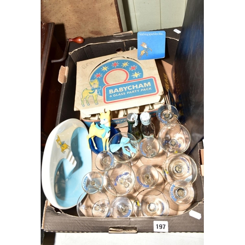 197 - A BOX OF BABYCHAM ADVERTISING ITEMS, to include ashtrays, boxed set of six glasses, chalk board etc