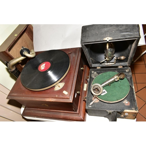 198 - A DECCA GRAMOPHONE with 'The Crescendo Junior Sound Box for All Gramophones', and a HMV Gramophone (... 