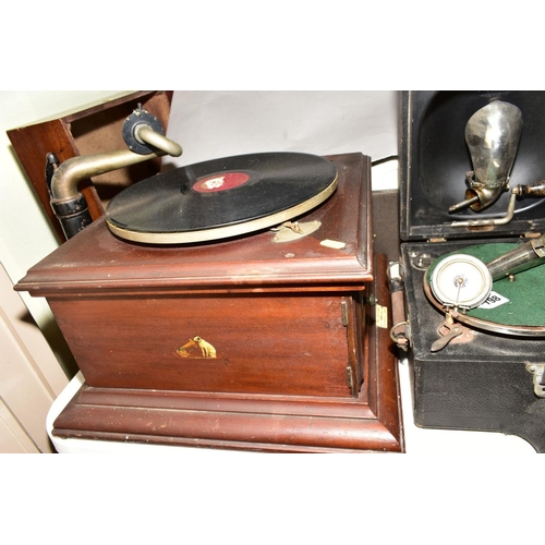 198 - A DECCA GRAMOPHONE with 'The Crescendo Junior Sound Box for All Gramophones', and a HMV Gramophone (... 