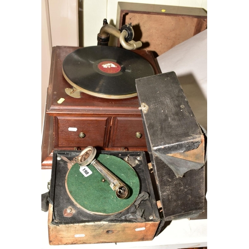 198 - A DECCA GRAMOPHONE with 'The Crescendo Junior Sound Box for All Gramophones', and a HMV Gramophone (... 