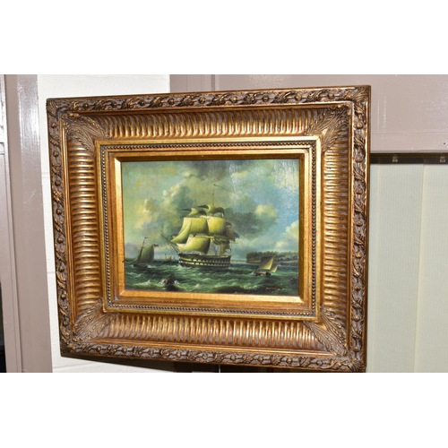 199 - AN ANTIQUE STYLE MARITIME PRINT OF A THREE MASTED WARSHIP UNDER SAIL, framed within a heavy ornate g... 