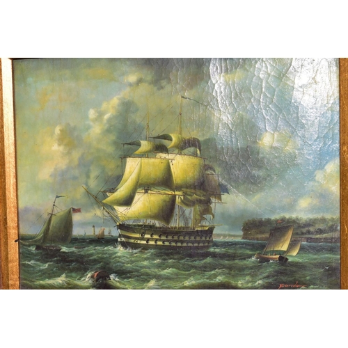 199 - AN ANTIQUE STYLE MARITIME PRINT OF A THREE MASTED WARSHIP UNDER SAIL, framed within a heavy ornate g... 