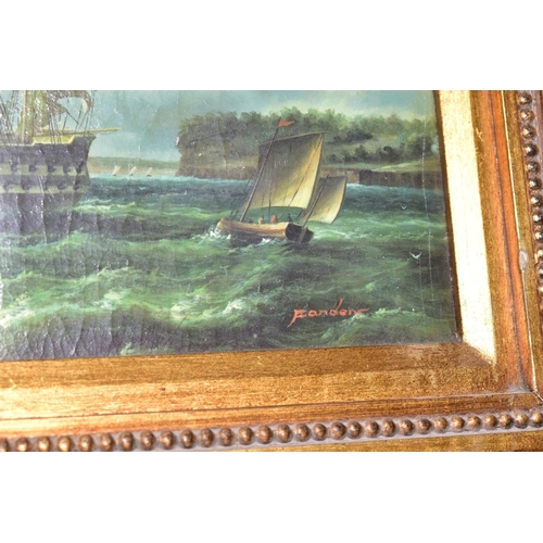 199 - AN ANTIQUE STYLE MARITIME PRINT OF A THREE MASTED WARSHIP UNDER SAIL, framed within a heavy ornate g... 