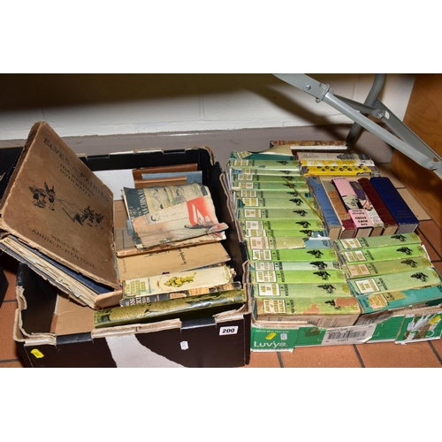 200 - THREE BOXES OF BOOKS AND SUNDRIES to include collection L.M.Montgomery books (covers distressed), tw... 