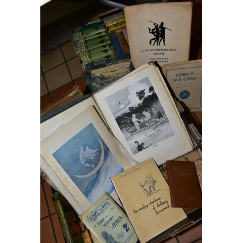 200 - THREE BOXES OF BOOKS AND SUNDRIES to include collection L.M.Montgomery books (covers distressed), tw... 