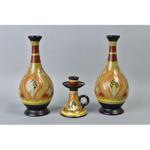 201 - A PAIR OF EARLY 20TH CENTURY GOUDA POTTERY VASES OF BULBOUS FORM, decorated with horizontal bands ab... 