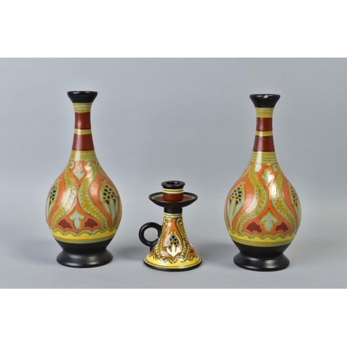 201 - A PAIR OF EARLY 20TH CENTURY GOUDA POTTERY VASES OF BULBOUS FORM, decorated with horizontal bands ab... 