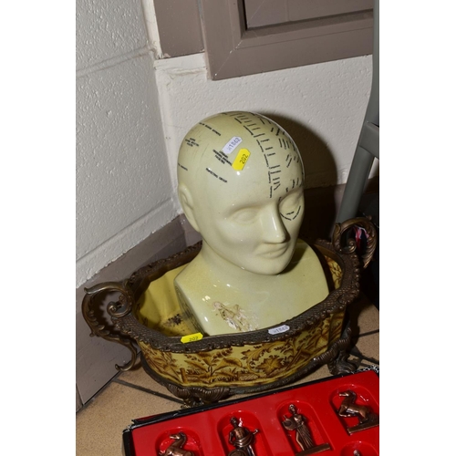 202 - TWO BOXES GLASSWARES, CERAMICS, BOOKS ETC, to include a Phrenology head, a boxed Continental chess s... 