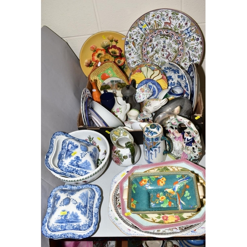 203 - A BOX AND LOOSE CERAMICS, PEWTER ETC, to include Royal Doulton 'Kelmscott' jug (sd), Burleigh Ware '... 