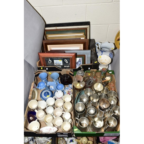 206 - THREE BOXES OF LOOSE CERAMICS, PEWTER, PICTURES, GLASS ETC, to include Royal Commemoratives, Wedgwoo... 