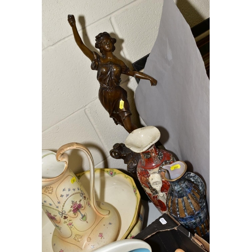 207 - A BOX AND LOOSE CERAMICS, SUNDRIES ETC, to include French spelter figure 'La Peche', total height 65... 