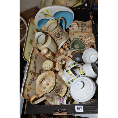 208 - TWO BOXES OF CERAMICS, GLASS, SUNDRIES ETC, to include T.Green Cornish blue 'Utensils' and 'Cutlery ... 