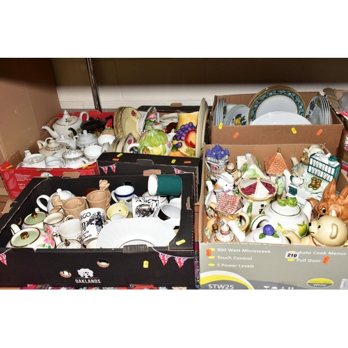 210 - FIVE BOXES OF CERAMICS, ETC, to include novelty teapots, Waterside china dinner wares, Royal Swan 'A... 