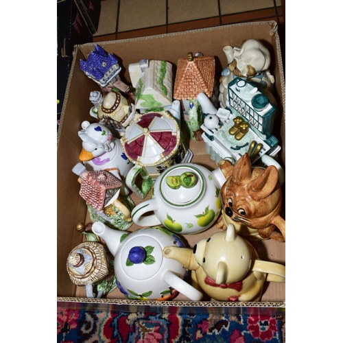 210 - FIVE BOXES OF CERAMICS, ETC, to include novelty teapots, Waterside china dinner wares, Royal Swan 'A... 