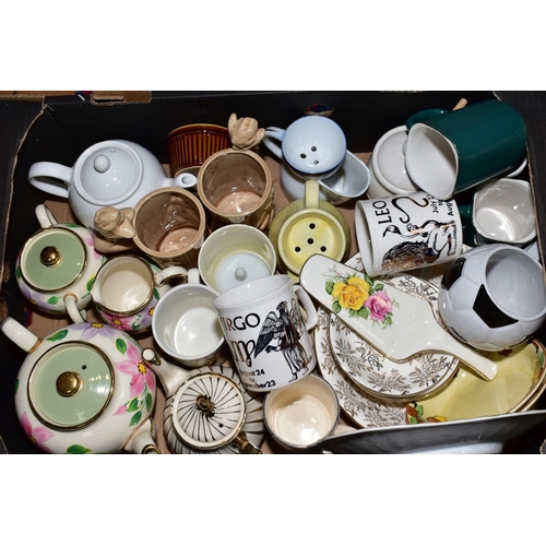 210 - FIVE BOXES OF CERAMICS, ETC, to include novelty teapots, Waterside china dinner wares, Royal Swan 'A... 