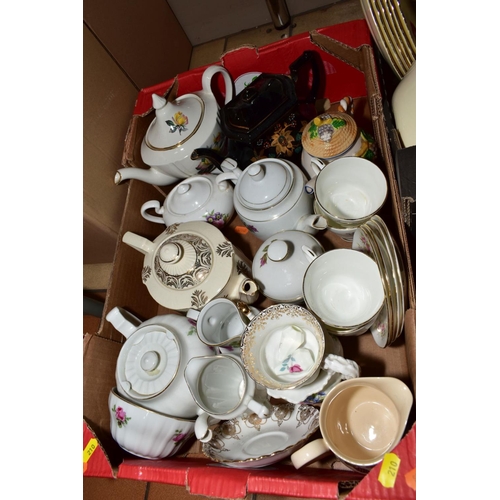 210 - FIVE BOXES OF CERAMICS, ETC, to include novelty teapots, Waterside china dinner wares, Royal Swan 'A... 