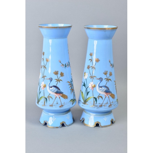 211 - A PAIR OF LATE 19TH CENTURY INVERTED TAPER FORM BOHEMIAN BLUE GLASS VASES, of pale lavender glass an... 