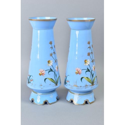 211 - A PAIR OF LATE 19TH CENTURY INVERTED TAPER FORM BOHEMIAN BLUE GLASS VASES, of pale lavender glass an... 