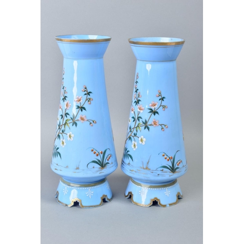 211 - A PAIR OF LATE 19TH CENTURY INVERTED TAPER FORM BOHEMIAN BLUE GLASS VASES, of pale lavender glass an... 