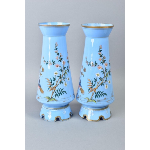 211 - A PAIR OF LATE 19TH CENTURY INVERTED TAPER FORM BOHEMIAN BLUE GLASS VASES, of pale lavender glass an... 