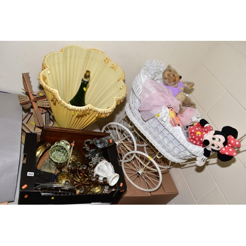 212 - A BOX AND LOOSE SUNDRY ITEMS, to include dolls wicker pram containing musical teddy bear, Minnie Mou... 