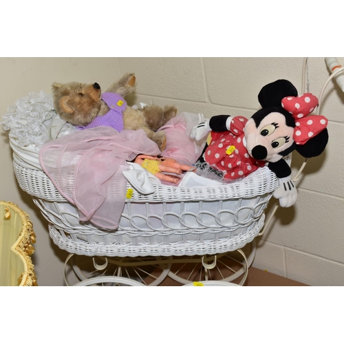 212 - A BOX AND LOOSE SUNDRY ITEMS, to include dolls wicker pram containing musical teddy bear, Minnie Mou... 