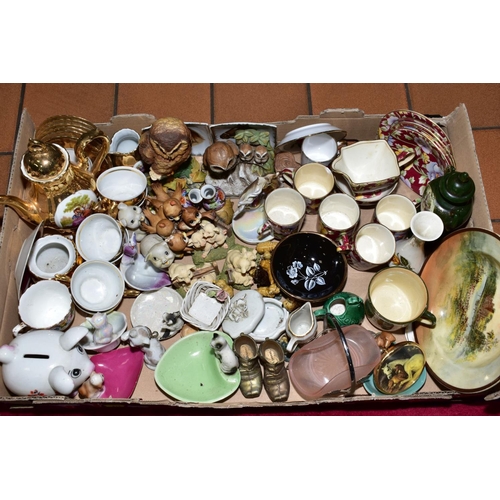 215 - FOUR BOXES OF CERAMICS, GLASS, CUTLERY ETC, to include money banks, Royal Winton 'June Festival' cof... 