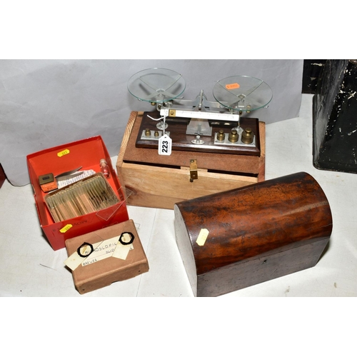 223 - A SET OF BALANCE SCALES, unmarked, complete with weights, in home made wooden case, with a cased Sig... 