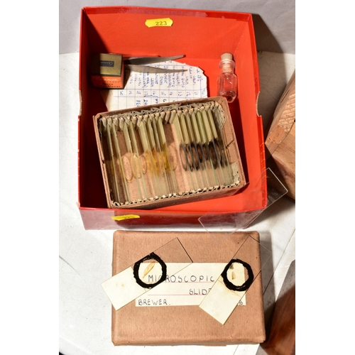 223 - A SET OF BALANCE SCALES, unmarked, complete with weights, in home made wooden case, with a cased Sig... 